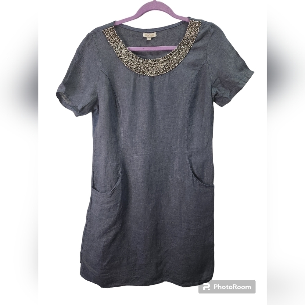 Linen Lina Tomei Shift Dress with beaded neckline size small